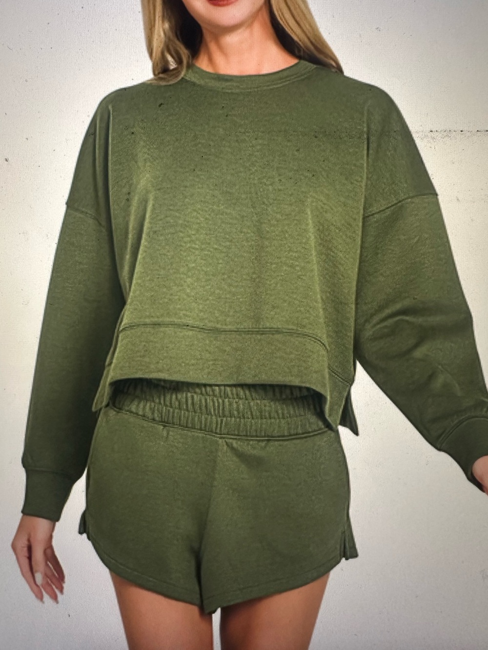 Zenana olive green shorts and sweatshirt set